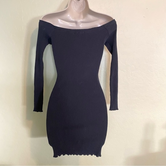 Black Ribbed Knit Off Shoulders Bodycon Mini Dress with Long Sleeves S - Picture 8 of 9
